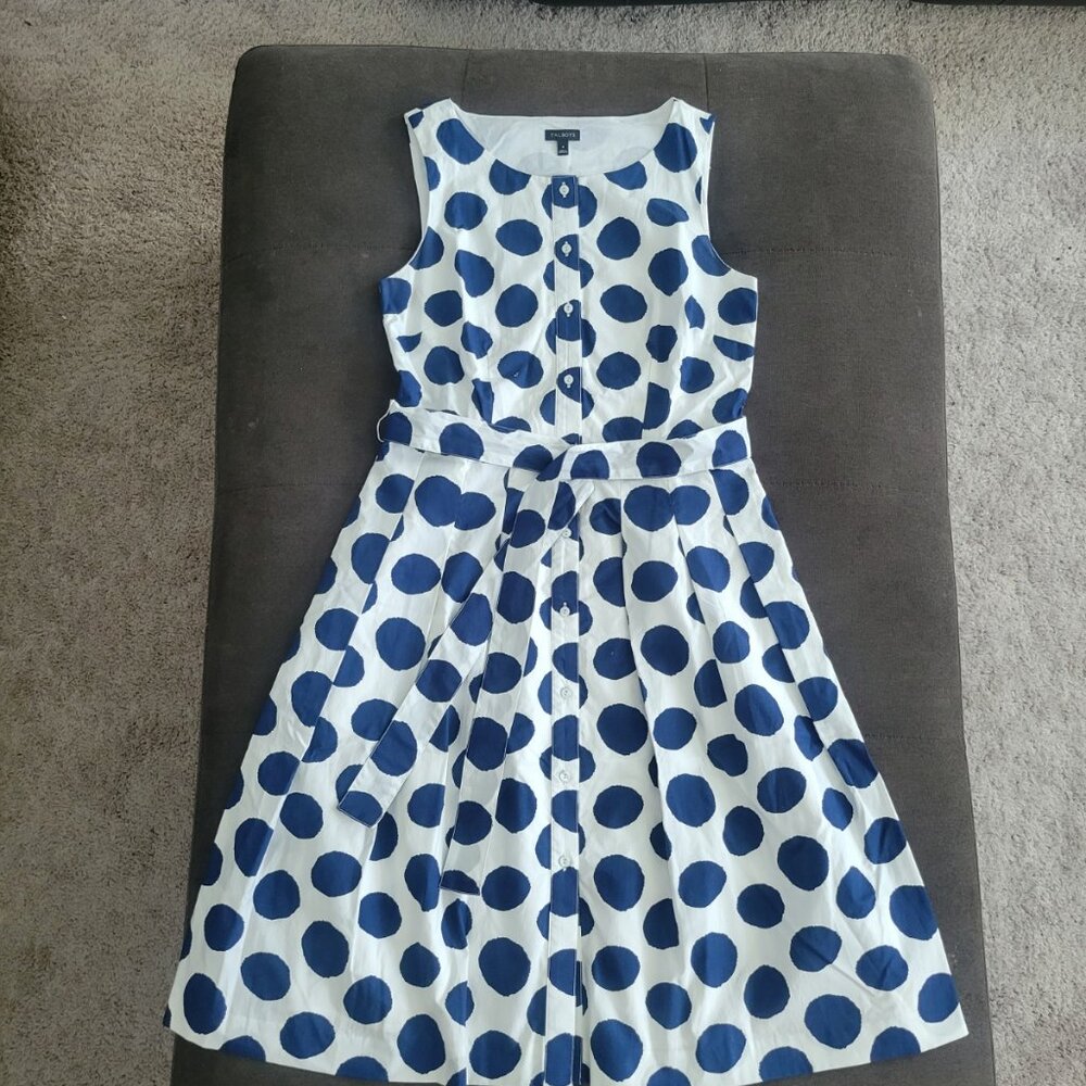 Talbots Fit & Flare Dress White with Navy Blue Polka Dots Pockets! Like new